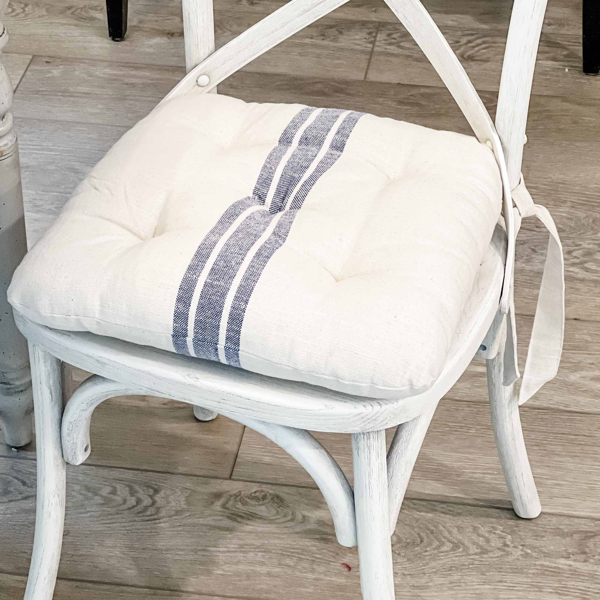 Denim Blue and Beige Cotton Chair Pad with Ties