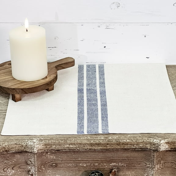 Piper Classics Market Place Blue Grain Sack Stripe Cotton Table Mat, Set/2