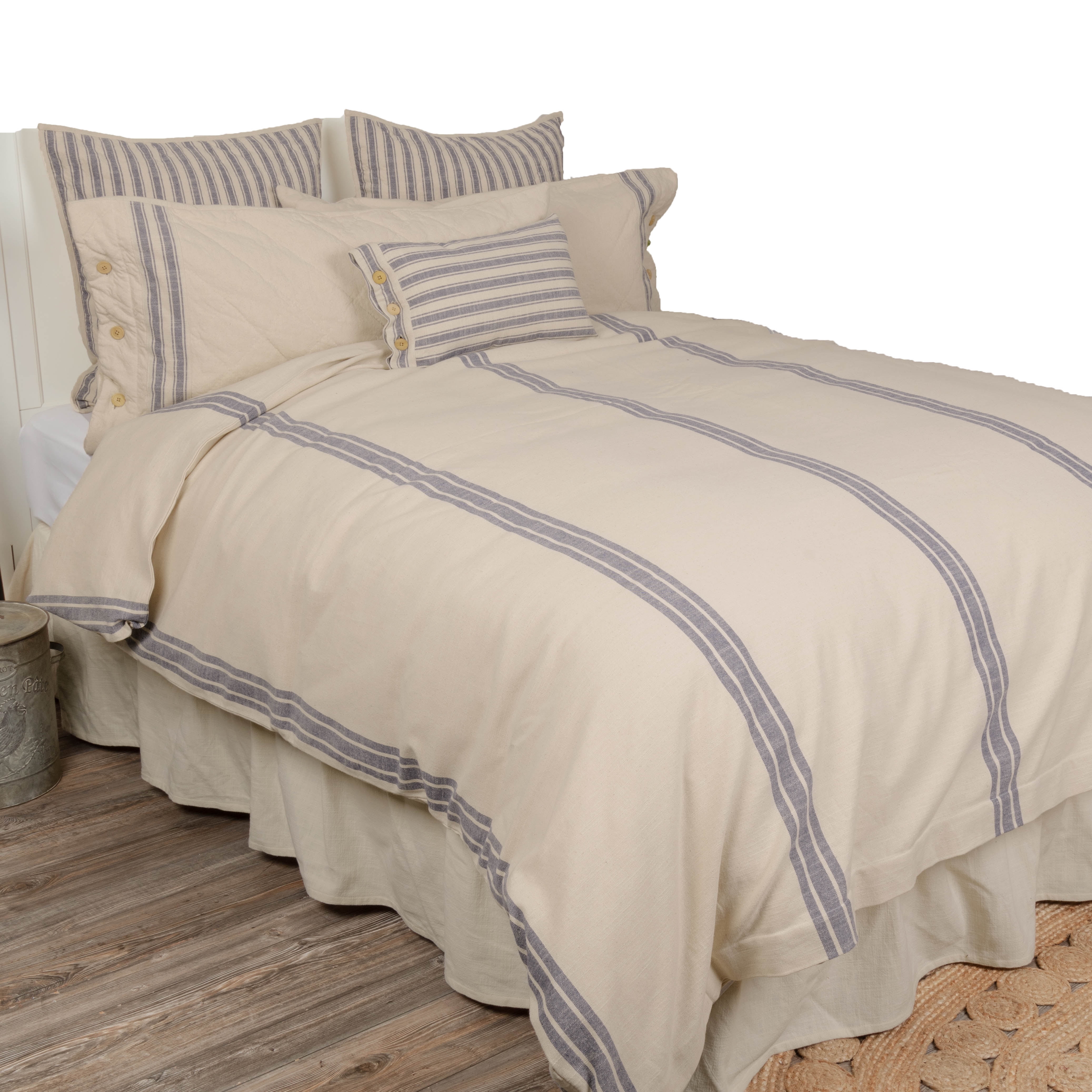 King Size Beige Cotton Duvet Cover with Blue Stripes