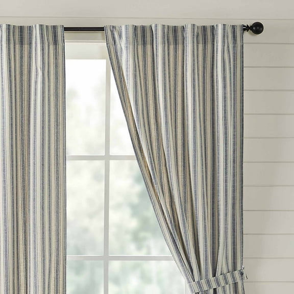 Piper Classics Market Place Blue Ticking Stripe 96" Farmhouse Curtain Panels Set 2, Cotton