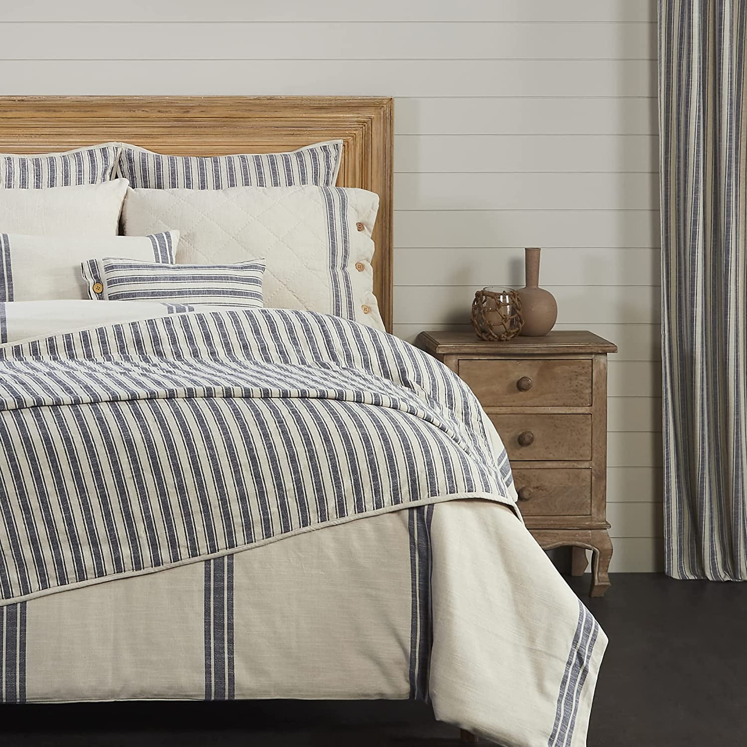 California King Blue and Beige Cotton Ticking Stripe Quilt