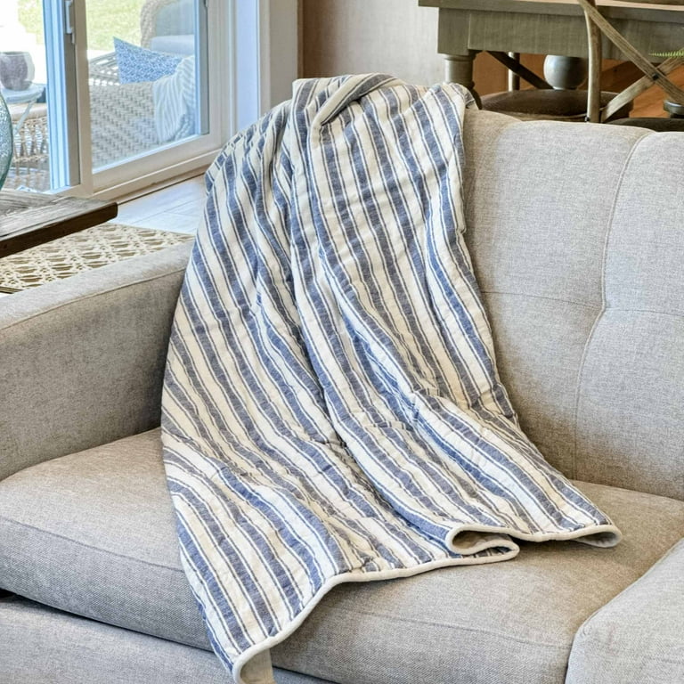 Piper Classics Market Place Blue Ticking Stripe Quilted Throw Blanket