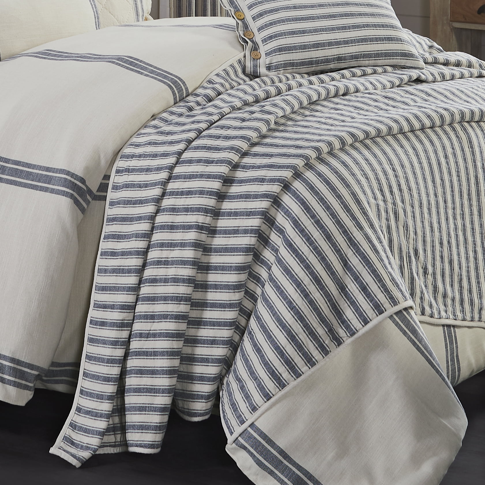 Piper Classics Market Place Blue Ticking Stripe Cotton King Quilt, Beige, Denim Blue - Reversible