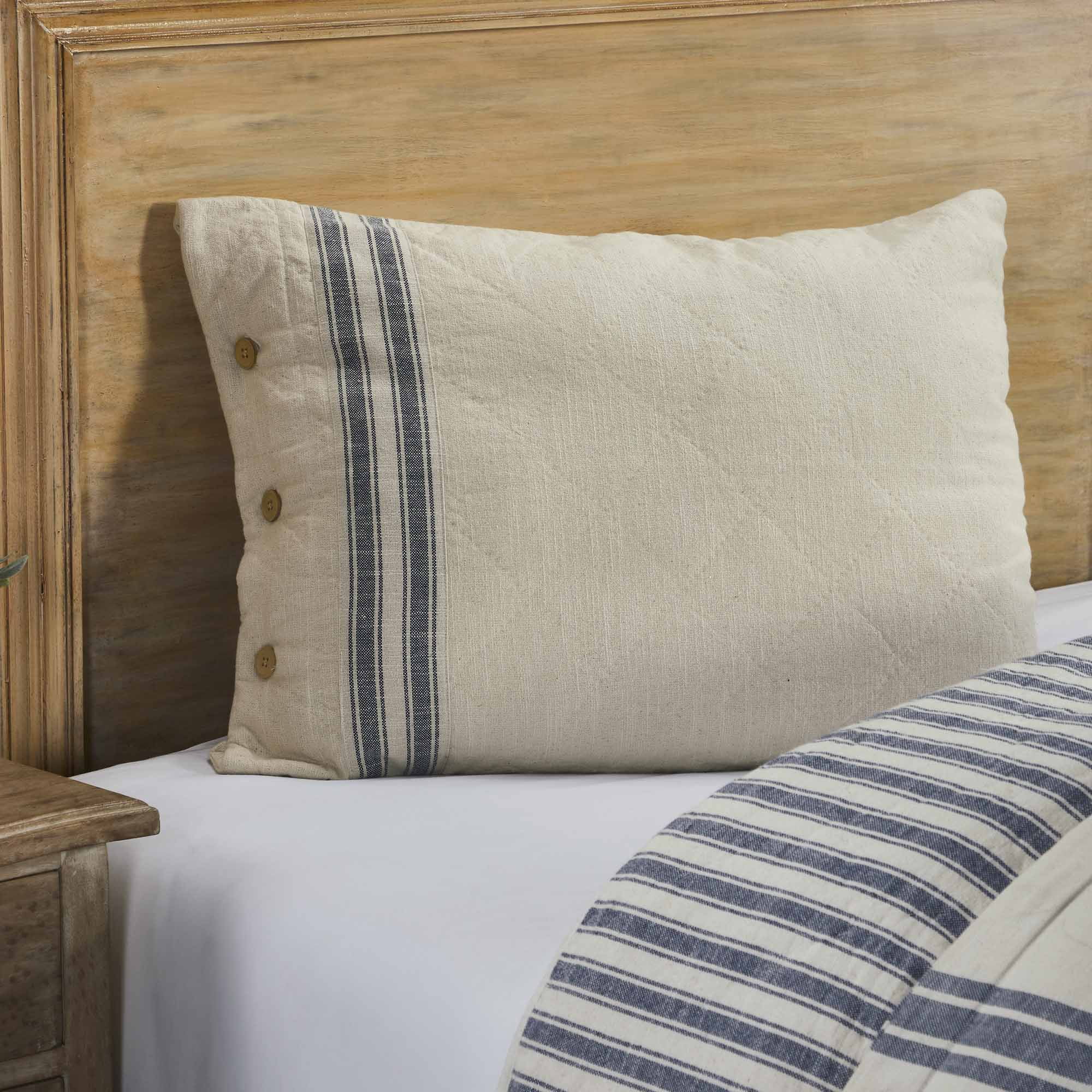 Standard Beige Cotton Pillow Sham with Blue Stripes