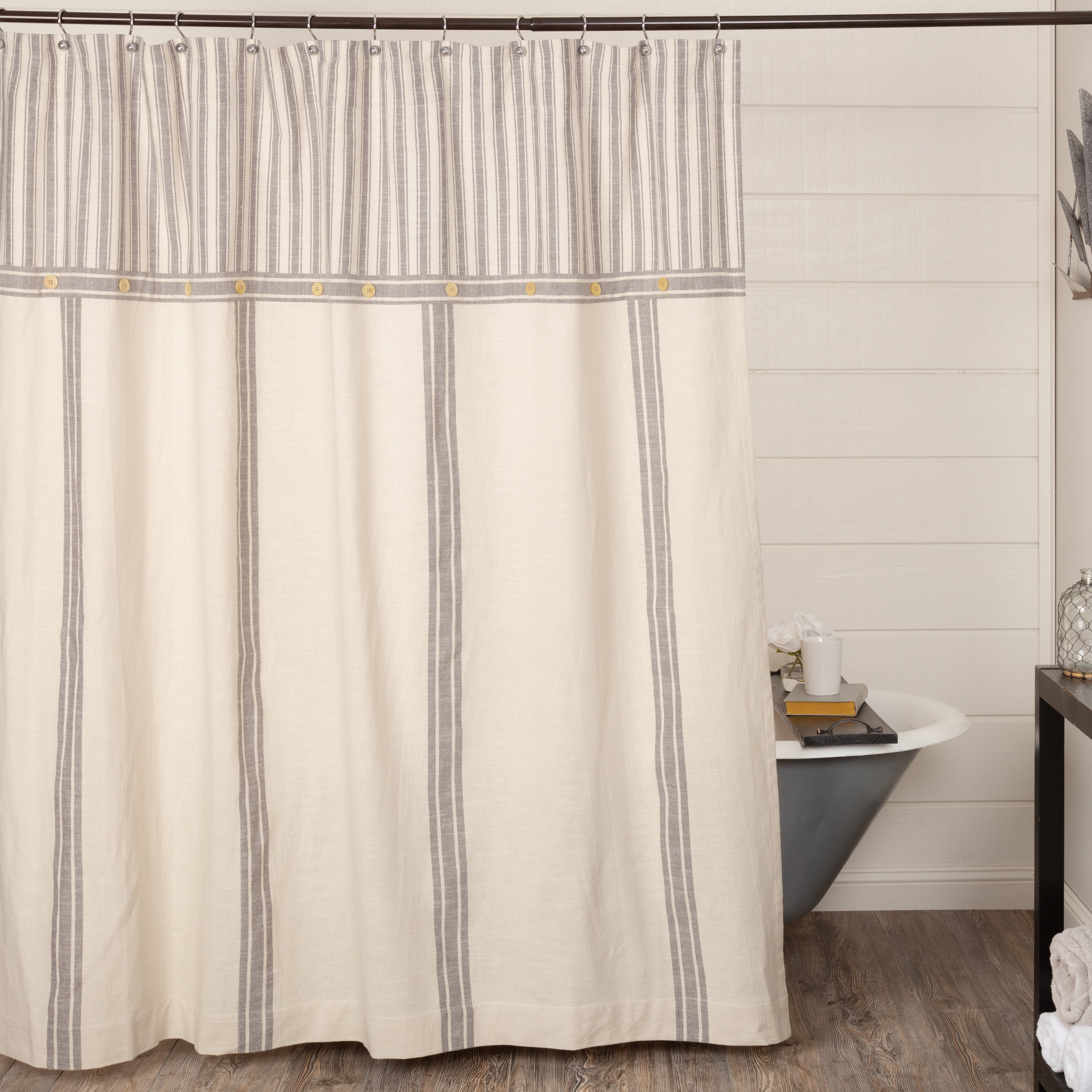 Farmhouse Blue and Cream Striped Cotton Shower Curtain with Buttons