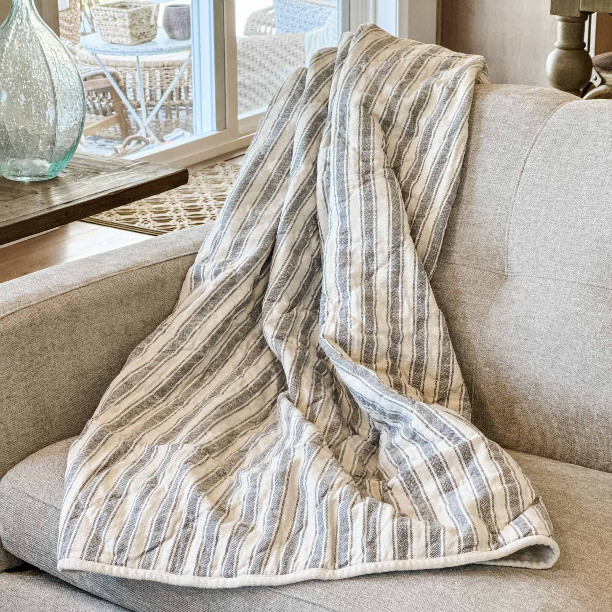 Gray and Beige Cotton Striped Quilted Throw Blanket