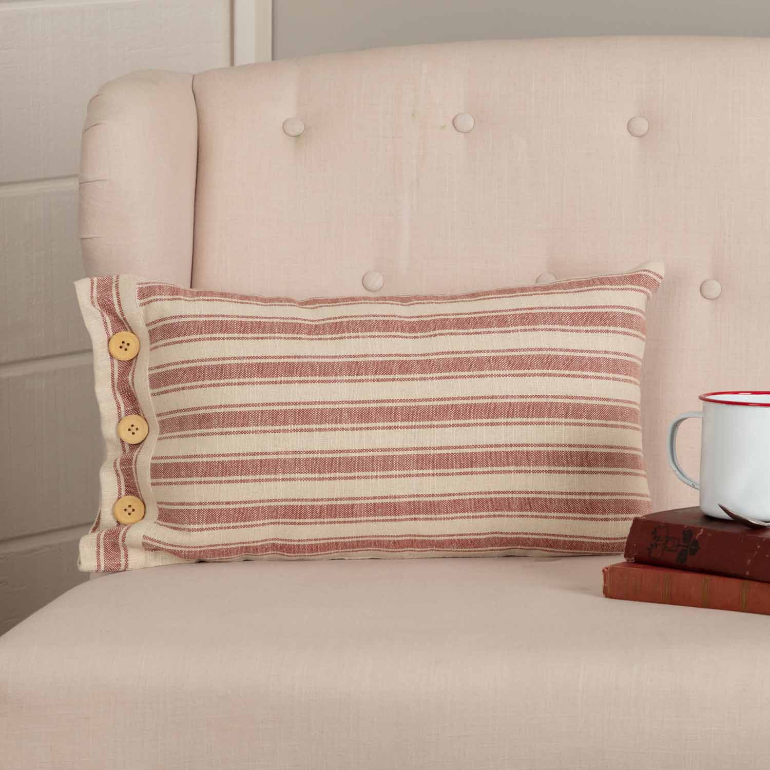 Brick Red and Cream Cotton Striped Lumbar Pillow Cover with Wooden Buttons