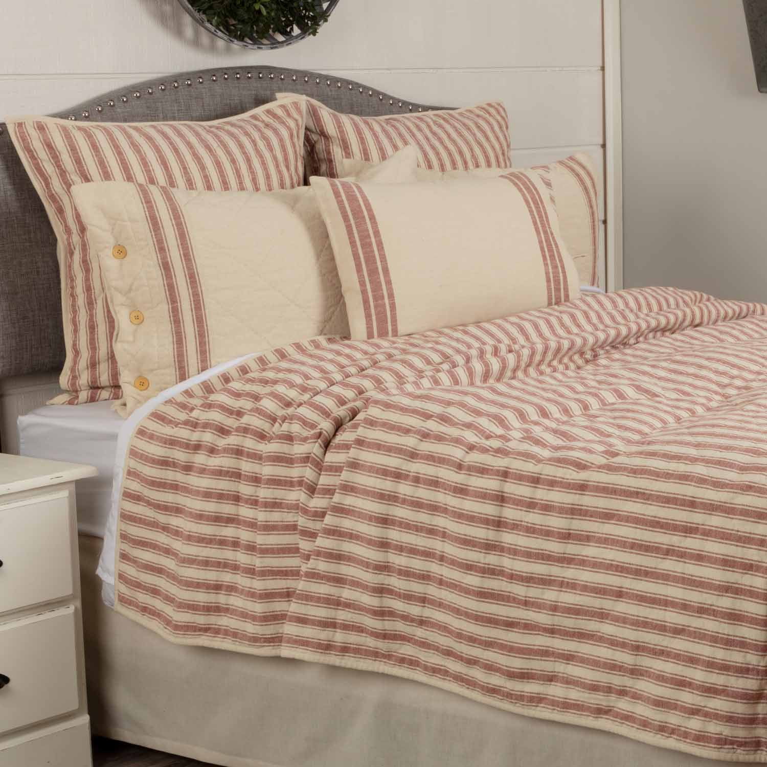 Piper Classics Market Place Red Ticking Stripe Standard King Quilt, Cotton