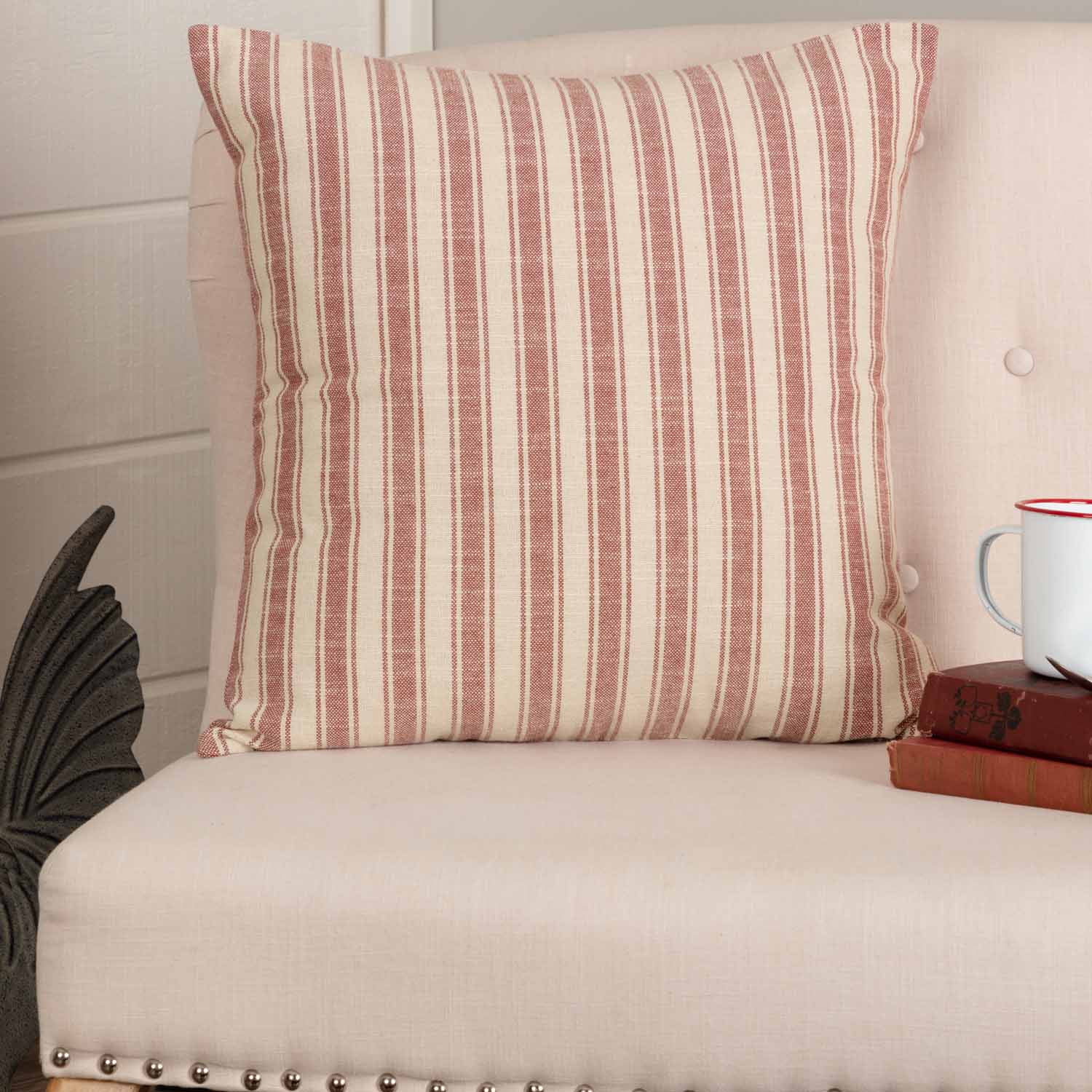 Red and Cream Cotton Ticking Stripe 20" x 20" Pillow Cover