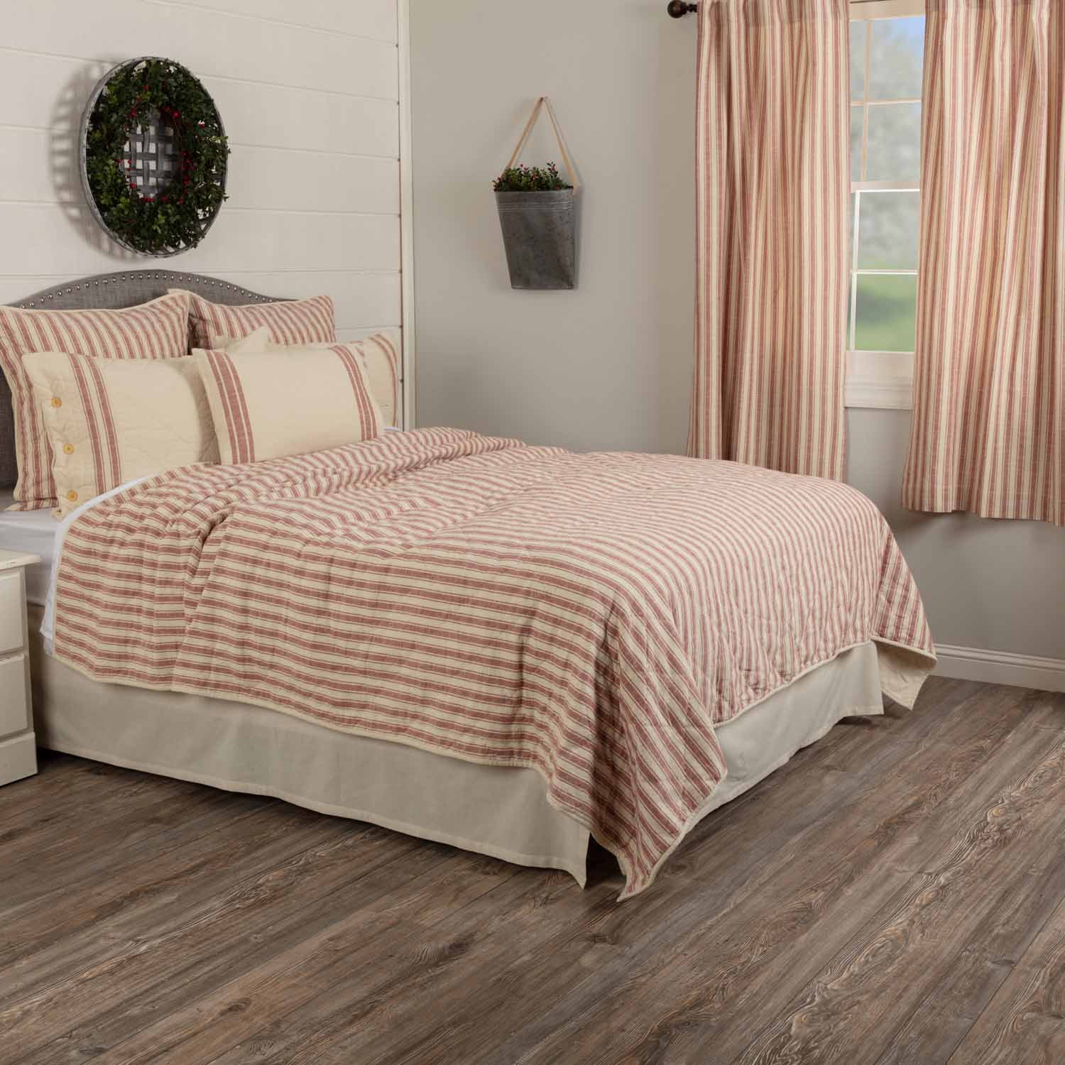 Red and Cream Cotton Twin Quilt with Ticking Stripes