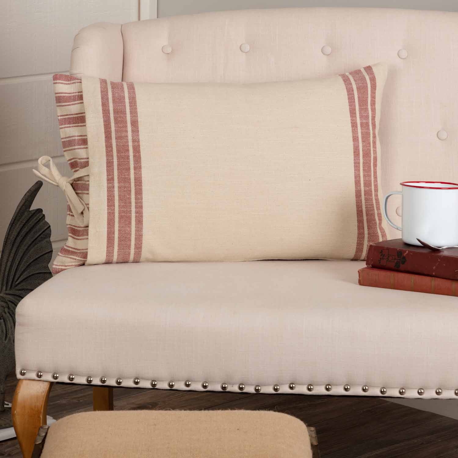 Piper Classics Market Place Red Ticking Stripe and Grain Sack Pillow Cover 15" x 25", Cotton