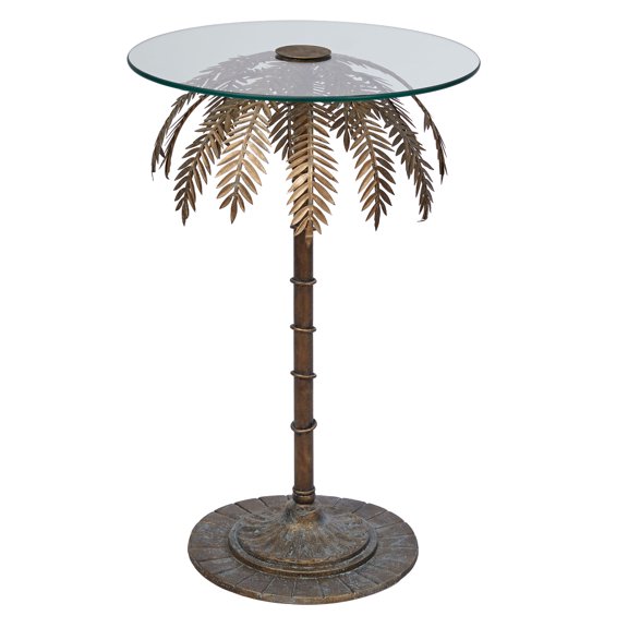 Piper Gold and Bronze Palm Tree Sculpture Style Accent Table, Round Clear Glass Tabletop