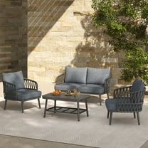 Piper Modern 4 Piece Outdoor Patio Conversation Set, Woven Rope Sofa Set with Cushions, and Coffee Table, Black Grey