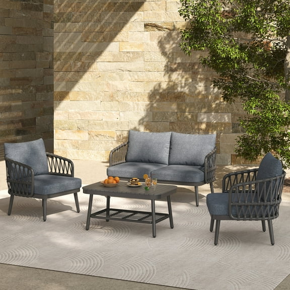 Piper Modern 4 Piece Outdoor Patio Conversation Set, Woven Rope Sofa Set with Cushions, and Coffee Table, Black+Grey