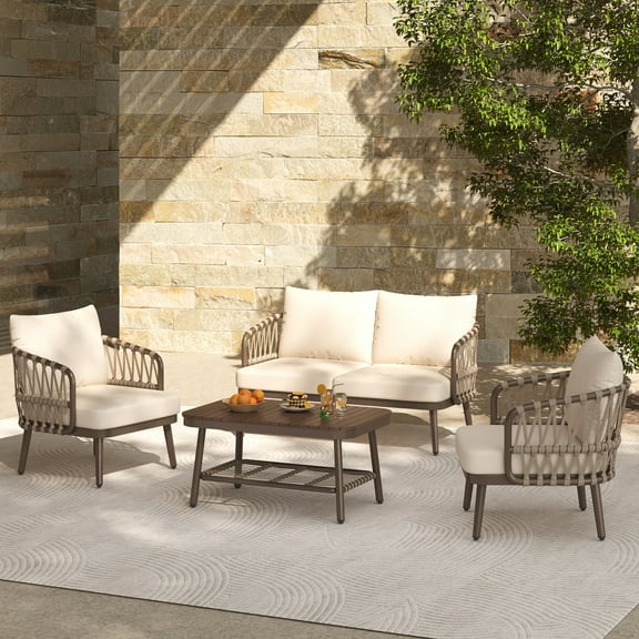 Piper Modern 4 Piece Outdoor Patio Conversation Set, Woven Rope Sofa Set with Cushions, and Coffee Table, Brown+Beige
