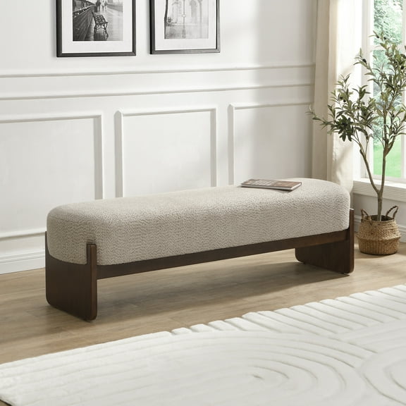Piper Modern Upholstered Ottoman, Rectangular Bench with Solid Wood Legs, Beige