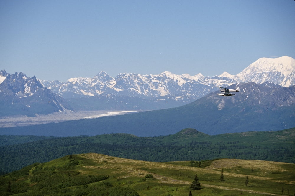 Piper Supercub On Floats Over Ak Range Sc Ak Summer Canvas Art - Jeff Schultz Design Pics (34 x 22)