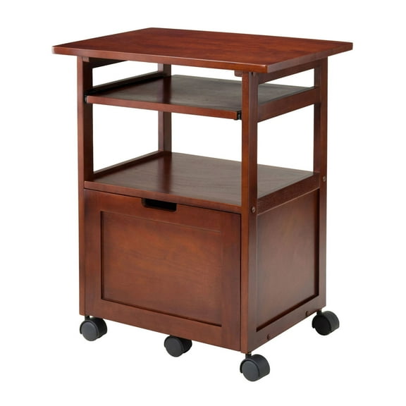 Piper Work Cart Printer Stand with Keyboard Tray - Walnut Finish - Mobile Office Storage - Home Office Furniture