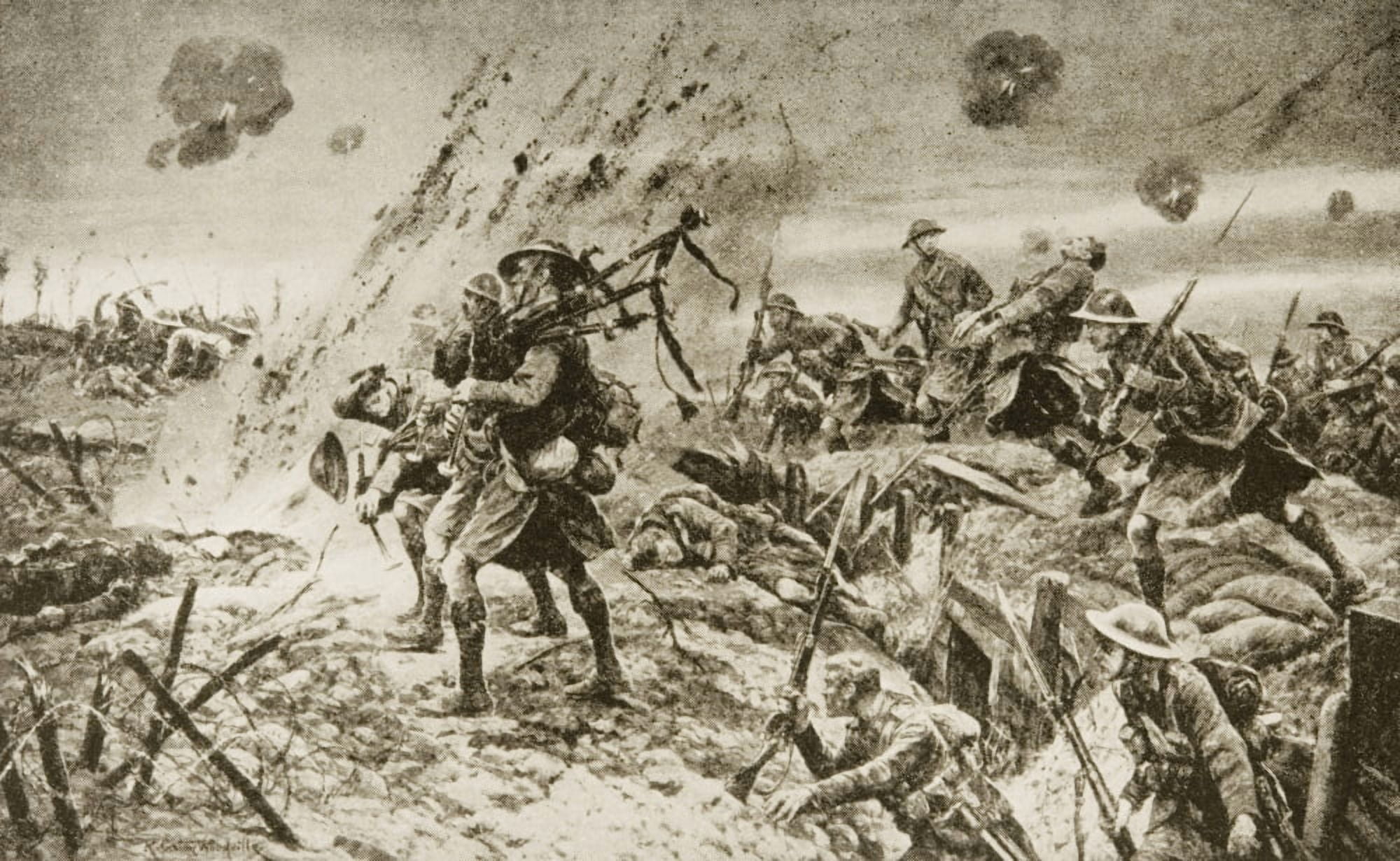 The Pipers At Longueval How The Highlanders Were Led Into Battle On July 14 1916 Drawn By R Caton Woodville Canvas Art - Ken Welsh Design Pics (36 x 22)