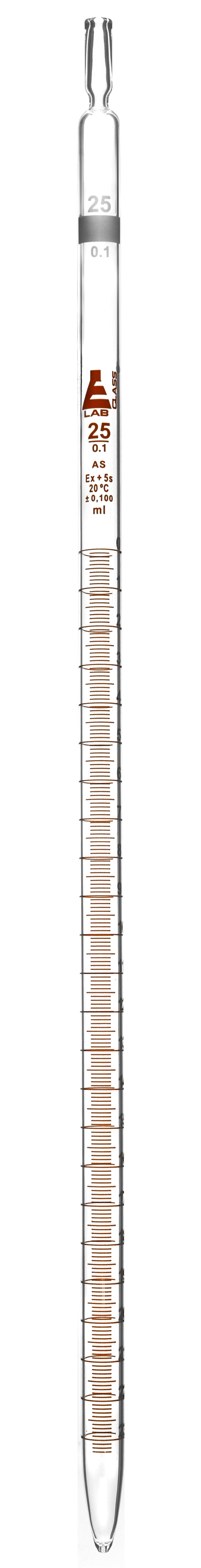 Pipette, 25ml - Class AS, Tolerance 0.100ml - Amber Graduation - Color Code, White - Borosilicate Glass - Eisco Labs