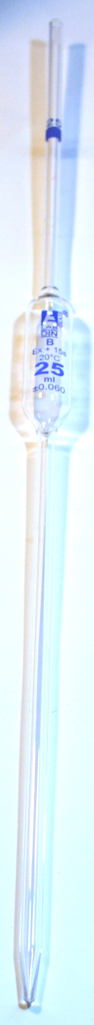 Pipette, Bulb Form, 25ml - Class B - Tolerance: 0.060 ml - Color Code, Blue - Borosilicate Glass - Eisco Labs
