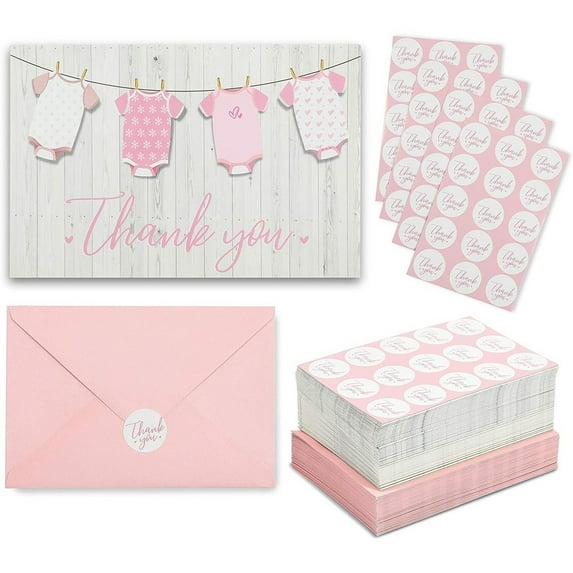60 Pack Girl Baby Shower Thank You Cards with Pink Envelopes, 60 Stickers Included (Clothesline Design, 15 x 10 cm)