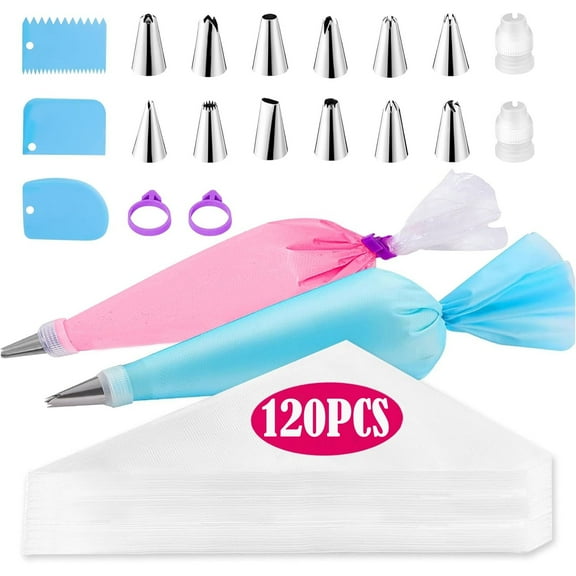 Piping Bags and Tips Set, 120Pcs 12 Inch Pastry Bags, Icing Bags Disposable for Cakes Decorating Kit Supplies with 1 Reusable Piping Bags, 1 Couplers, 12 Frosting Tips, 2 Bag Ties, 3 Cake Scraper