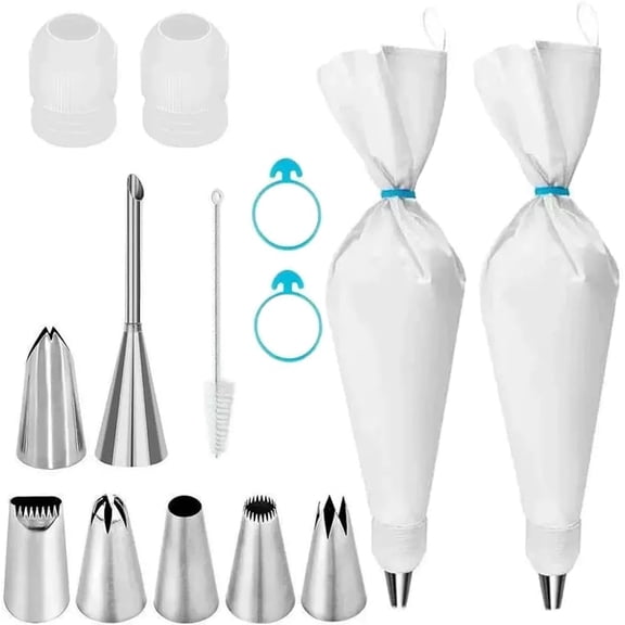 Piping Bags and Tips Set, 14Pcs Cake Decorating Kit with 16 inch Reusable Cotton Pastry Bags, Medium Icing Tips, 2 Couplers, 2 Icing Bags Ties, and Clean Brush