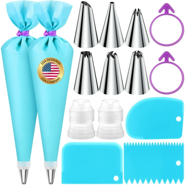 Piping Bags & Tips Set (15 Pcs, Blue), Reusable Pastry Frosting Kit