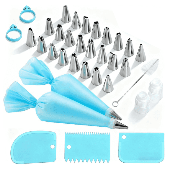 Piping Bags and Tips Set, 2 Reusable Pastry Bags, 24 Piping Tips, 2 Couplers and 3 Cake Scrapers, Piping Kit, Icing Bags and Tips Set for Cupcakes and Cookies