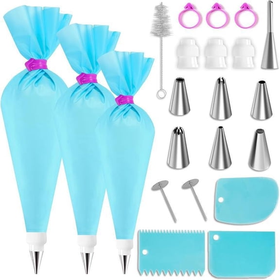 Piping Bags and Tips Set, Cakes Decorating Kit Supplies with 3 Reusable Pastry Bags, 18 Frosting Tips, 3 Couplers, 3 Bag Ties, 3 Cake Scraper, 1 Cake Decorating Tools for Cookie Icing