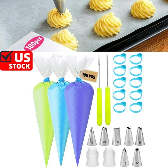 Piping Bags and Tips Set, Cakes Decorating Supplies Kit with 100 12Inch Disposable Pastry Piping Bags for Royal Icing with 7 Frosting Tips, 10 Icing Bags Ties, 2 Scriber Needle