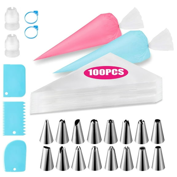 100pcs Piping Bags & Tips Set with 16 Stainless Steel Nozzles, 3 Scrapers,2 Couplers, 2 Bag Ties 30cm Baking Decorating Kit for Cakes, Cookies, Cupcakes