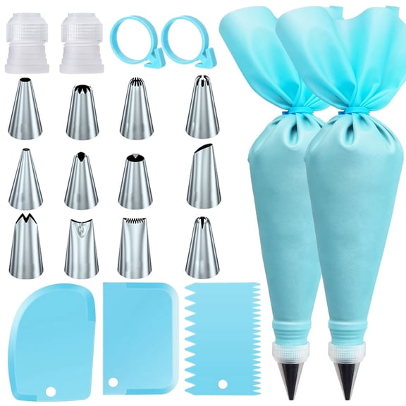 Piping Bags and Tips Set, Reusable Cake Decorating Supplies with 2 Reusable Bags, 12 Icing Tips, 2 Silicone Rings, 2 Couplers and 3 Scrapers, Cake Baking Tools for Cookie Icing Cupcakes