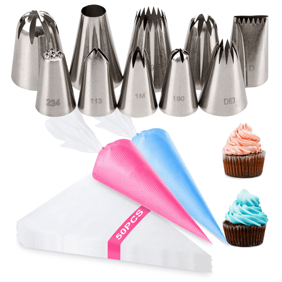 Piping Bags and Tips Set, Disposable Cake Decorating Bags Set with 10 Reusable Tips, Decorating Frosting Bags for Cupcake ,Icing Bags with Tips