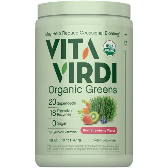 Piping Rock Vita Virdi Organic Greens | 20+ Superfoods & 18 Digestive Enzymes | 1-Month Supply | 0g Sugar | Kiwi Strawberry | USDA Organic, Non-GMO, Vegan | Daily Wellness & Nutrition Supplement*