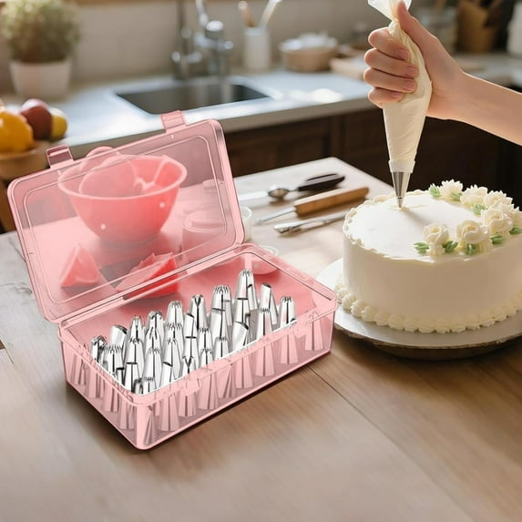 Piping Tips Storage Box with Fixed Pins, 42 Pegs Piping Tip Set Organizer Case Cake Decorating Kit Storage Organizer (Pink)