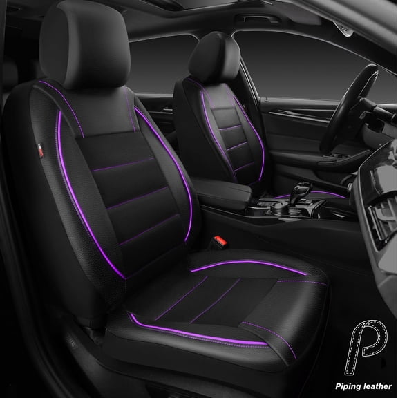 Piping leather Universal FIT Piping Leather Two Front Seat Covers, Waterproof Faux Leather for SUV Sedan Van Truck, Airbag Compatible,Reserved Opening Holes for Headrest Covers Black Purple