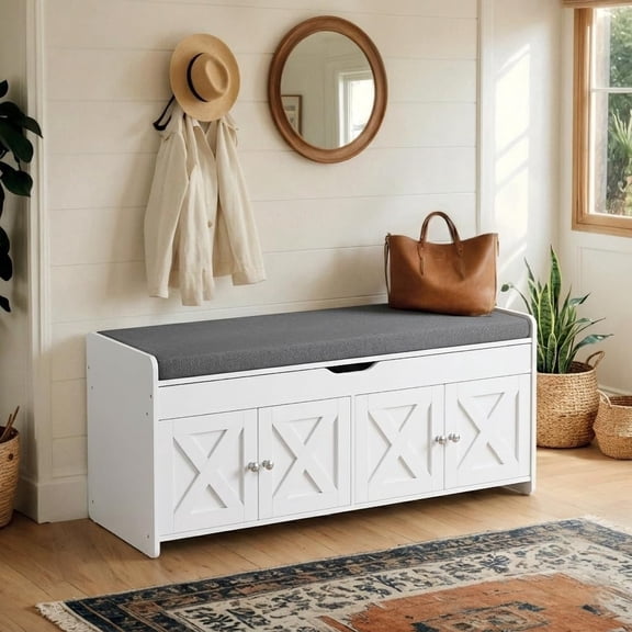 Pipishell 2-Tier Shoe Storage Bench with Cushioned Seat, Entryway Bench with Adjustable Shelf & Barn Doors, 300 lbs Capacity, 47.2" W x 15" D x 18" H, for Entryway, Bedroom, Living Room, White