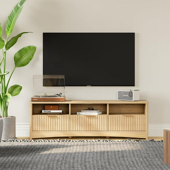 Pipishell Fluted TV Stand for 65 Inch TV, Modern 59" Entertainment Center with 3 Drawers & Open Storage, P2 Engineered Wood Media Console for Living Room, Bedrooms, Natural Oak