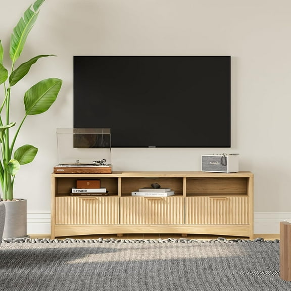 Pipishell Fluted TV Stand for 65 Inch TV, Modern 59" Entertainment Center with 3 Drawers & Open Storage, P2 Engineered Wood Media Console for Living Room, Bedrooms, Natural Oak