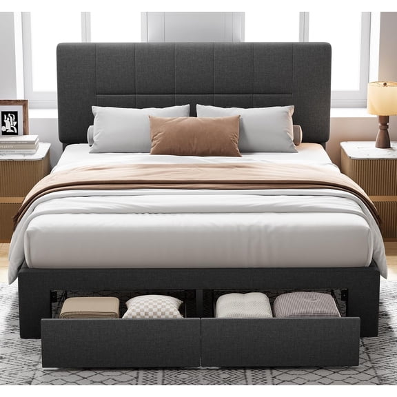 Pipishell Full Bed Frame with 2 Storage Drawers, 12 Sturdy Legs, Solid Wooden Bed Base with Upholstered Headboard for 6″ to 14″ Mattresses, 1300 lbs High Weight Capacity, Easy Assembly, Dark Gray