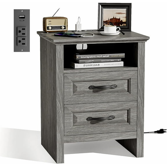 Pipishell Night Stand with Charging Station, Farmhouse Bedside Table with 2 Drawers and Open Storage, Rustic End Table with AC Outlets & Type-C Ports for Bedroom, Gray
