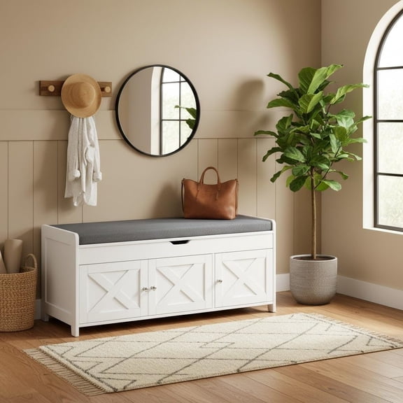 Pipishell Shoe Storage Bench, 2-Tier with Cushioned Seat, Entryway Bench with Adjustable Shelf & Barn Doors, 300 lbs Capacity, 39.4" x 15" x 18", for Entryway, Bedroom, Living Room, White