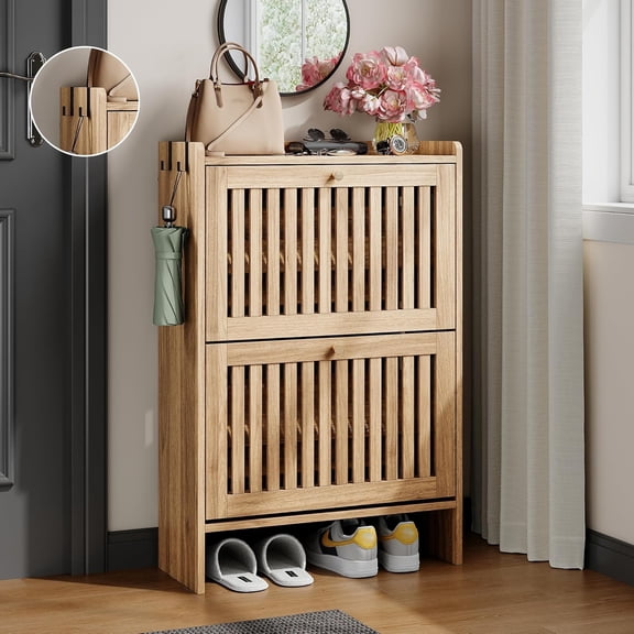 Pipleo 24" Shoe Cabinet with 2 Flip Slatted Drawers, Adjustable & Removable Panels, Narrow Shoe Cabinet Storage for Entryway, Hallway, Shoe Organizer Cabinet