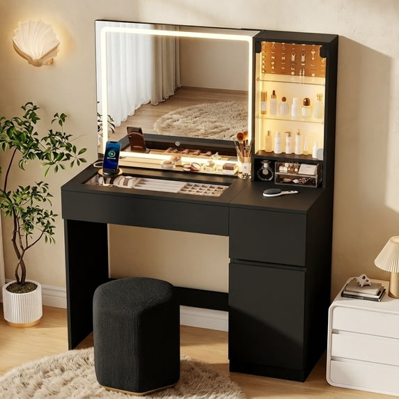 Pipleo 41" Vanity Desk with Glass Top, Makeup Vanity Desk with Mirror and Lights, Modern White Vanity with Power Outlet and 3 Lighting Modes