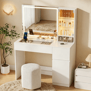 Pipleo 41 Vanity Desk with Glass Top, Makeup Vanity Desk with Mirror and Lights, Modern White Vanity with Power Outlet and 3 Lighting Modes