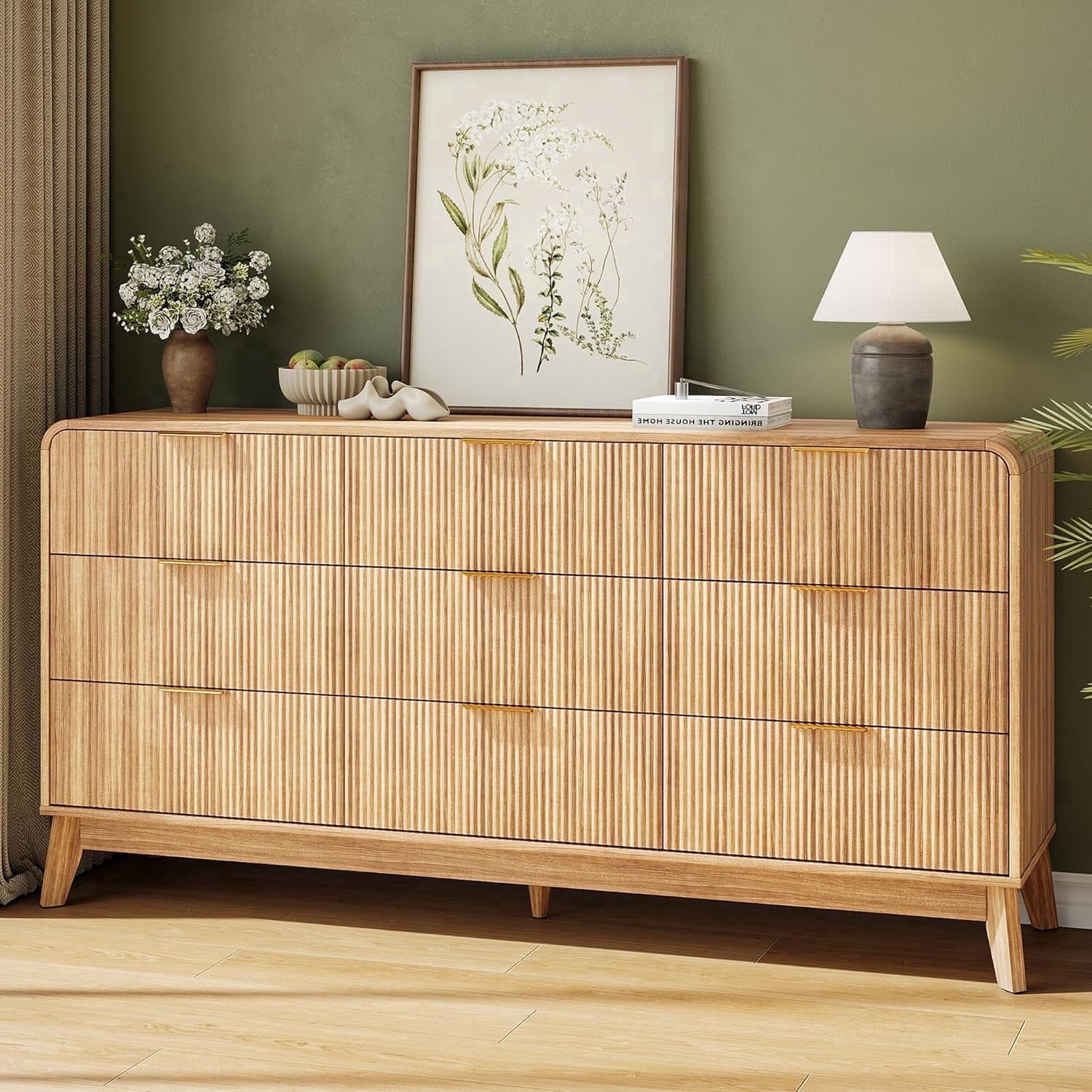 Pipleo 62.8" Fluted 9-Drawer Dresser, Handleless Wooden Chest with Curved Design for Bedroom & Living Room, Natural Oak