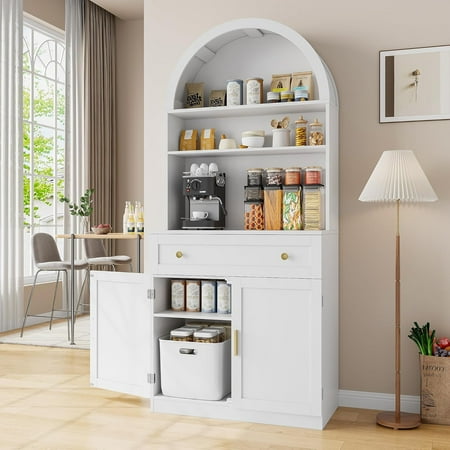 Pipleo 71" Tall Arched Kitchen Pantry Cabinet, Modern Kitchen Storage Cabinets with Hidden Drawer and Spacious Countertop, Wooden Storage Pantry Cabinet for Living Room, Dining Room