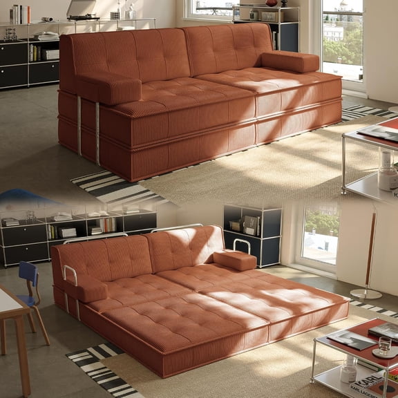 Pipleo 81.5" Convertible Sofa Bed, Oversized Corduroy Modular Boneless Couch with 2 Pillows, Pull Out Couch with Fixed-Shape Frame, Foldable Sleeper Sofa for Living Room
